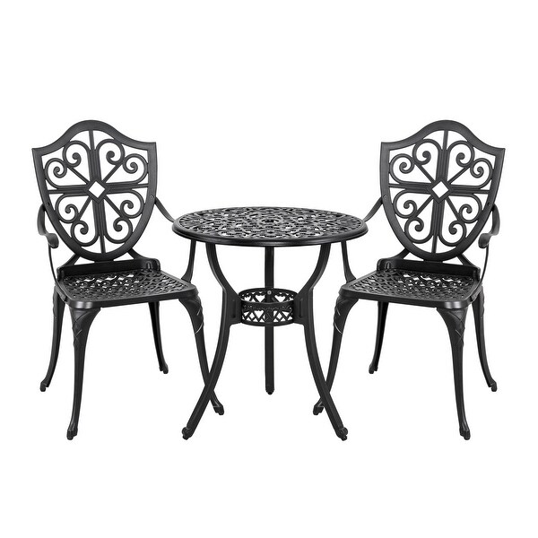 24 Inch Cast Aluminum Bistro Table with Umbrella Hole and 2 Bistro Chairs