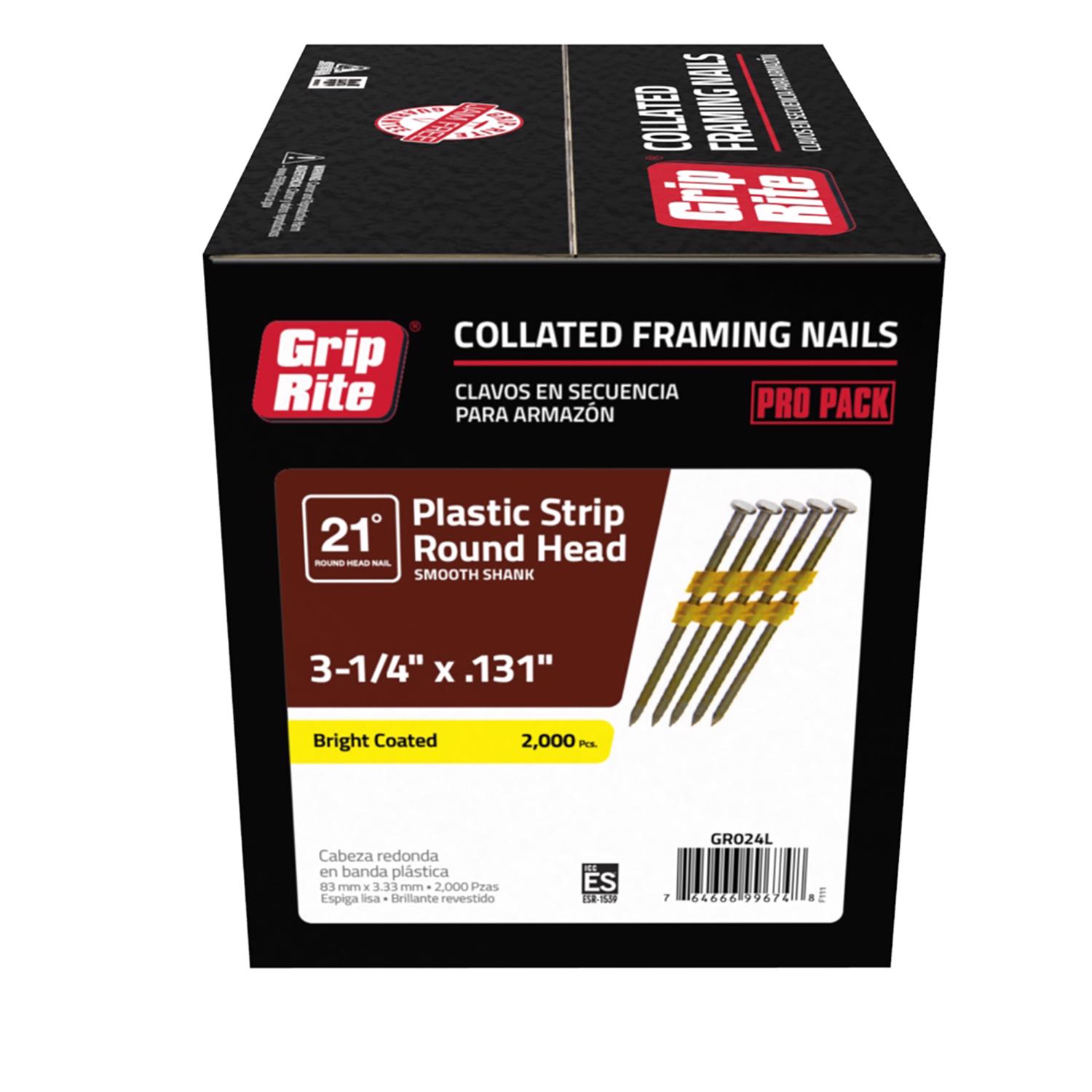 Grip-Rite 3-1/4 in. 10-1/4 Ga. Angled Strip Bright Framing Nails 21 deg 2000 pk