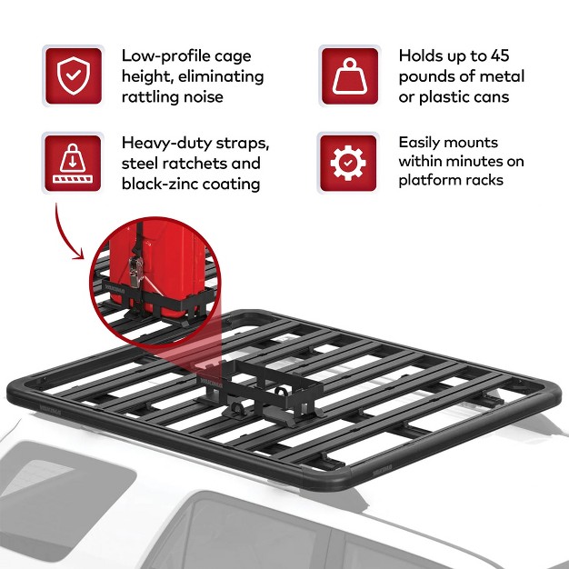 Yakima Locknload Plastic Platform Jerry Can Holder For Roof Rack Systems With 45 Pound Load Capacity And Heavy Duty Hook Straps Black