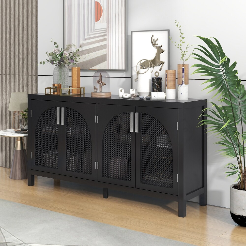 Retro Large Storage Space Sideboard with Artificial Rattan Door and Metal Handles 4 Doors and Adjustable Shelf Console Table