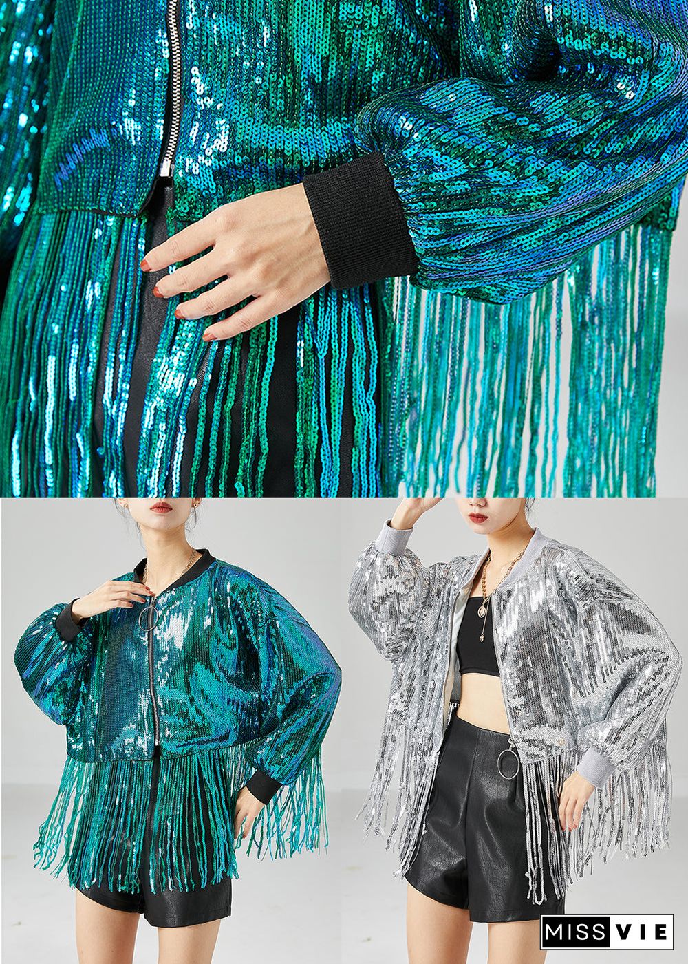 Casual Peacock Green Tasseled Sequins Jackets Summer