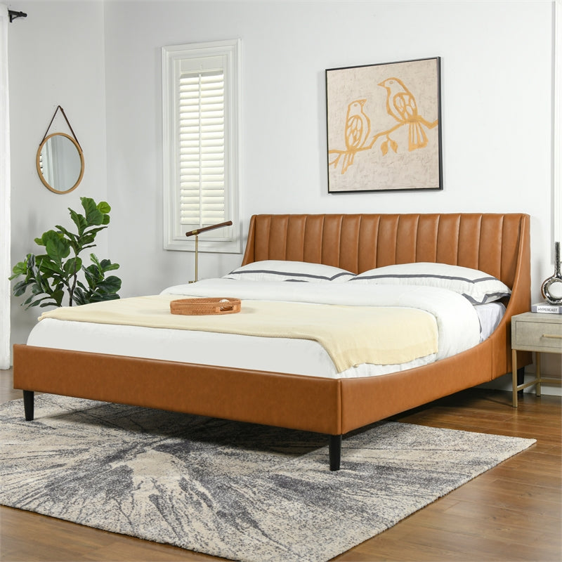 Aspen Vertical Tufted Headboard Platform Bed Set, King, Caramel Tan Brown Faux Leather