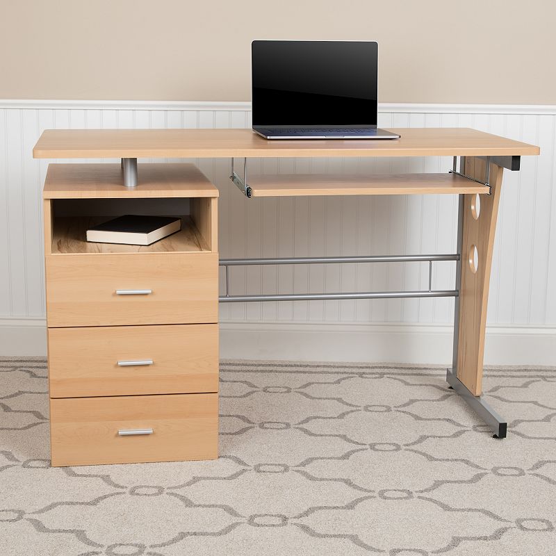 Flash Furniture White Desk with Three Drawer Pedestal and Keyboard Tray