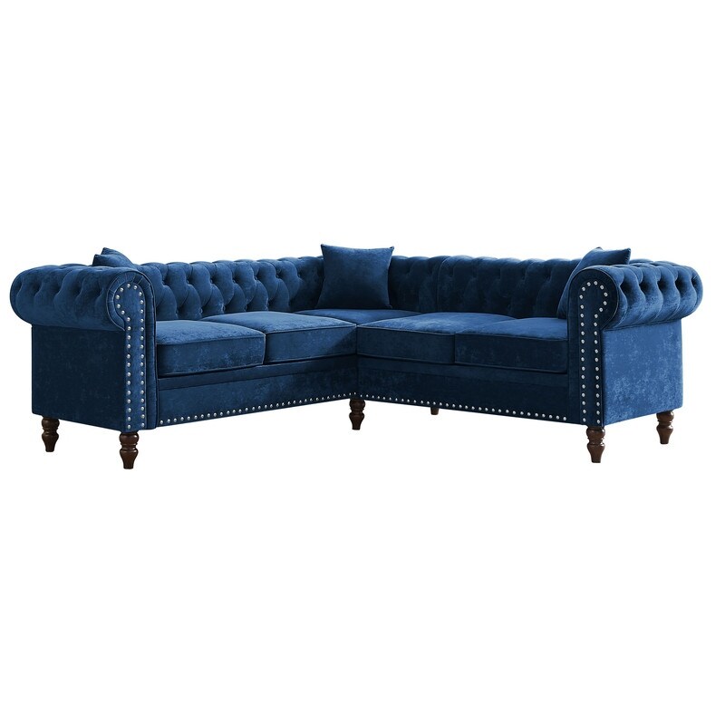 Chesterfield Button Tufted Upholstered Sectional Sofas L Shaped Sofa with 3 Pillows Included and Solid Wood Gourd Legs