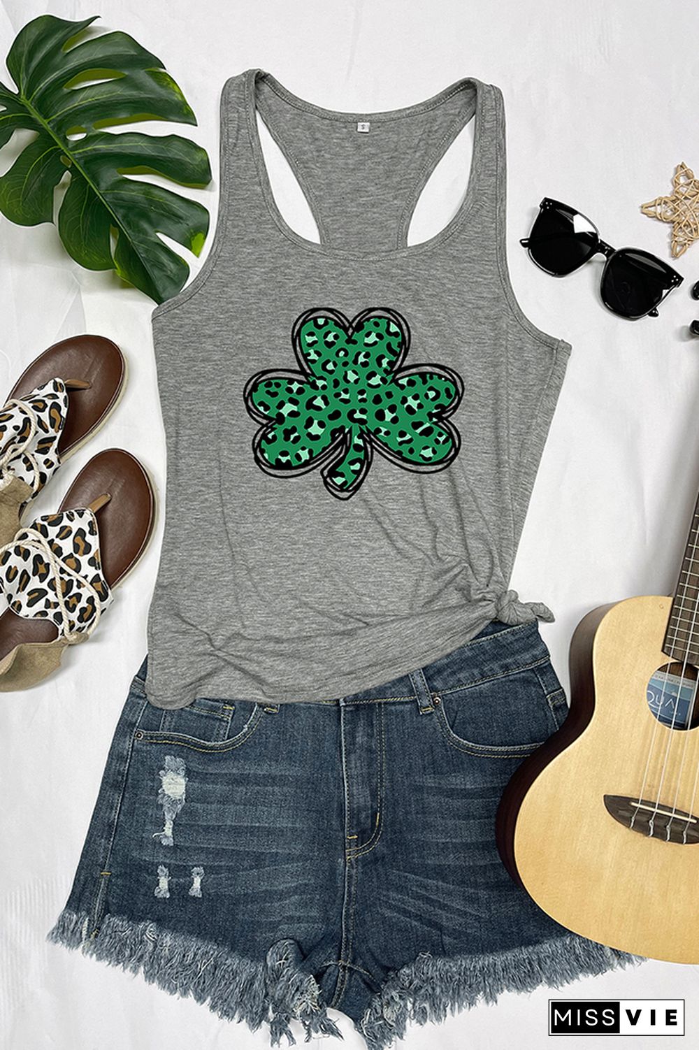 St Patricks Day,Leopard Shamrock Sleeveless Tank Top Wholesale