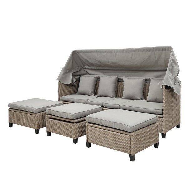 4 Piece UV-Proof Resin Wicker Patio Sofa Set with Retractable Canopy - Overstock - 35379046