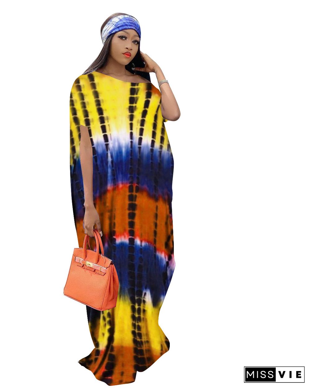 Summer Tie Dye Print Diagonal Callar Short Sleeve Casual Women Pullover Loose Long Dress