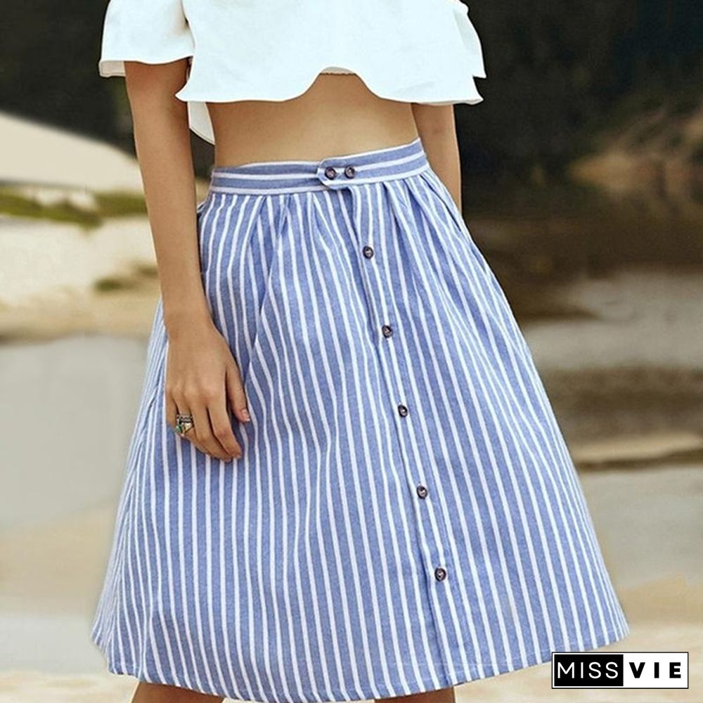 Women Striped A-Line Blue Single-Breasted Skirt Summer Cute Casual Knee-Length Skirts