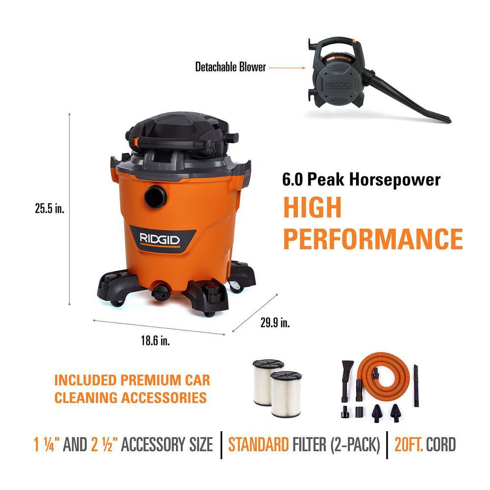 RIDGID 12 Gallon 6.0 Peak HP NXT WetDry Shop Vacuum with Detachable Blower Two Additional Filters and Car Cleaning Kit HD1280A