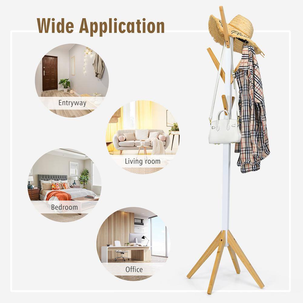 Costway White Bamboo Coat Rack Stand Freestanding Hall Tree Hanger Organizer with 6-Hooks HU10121WH