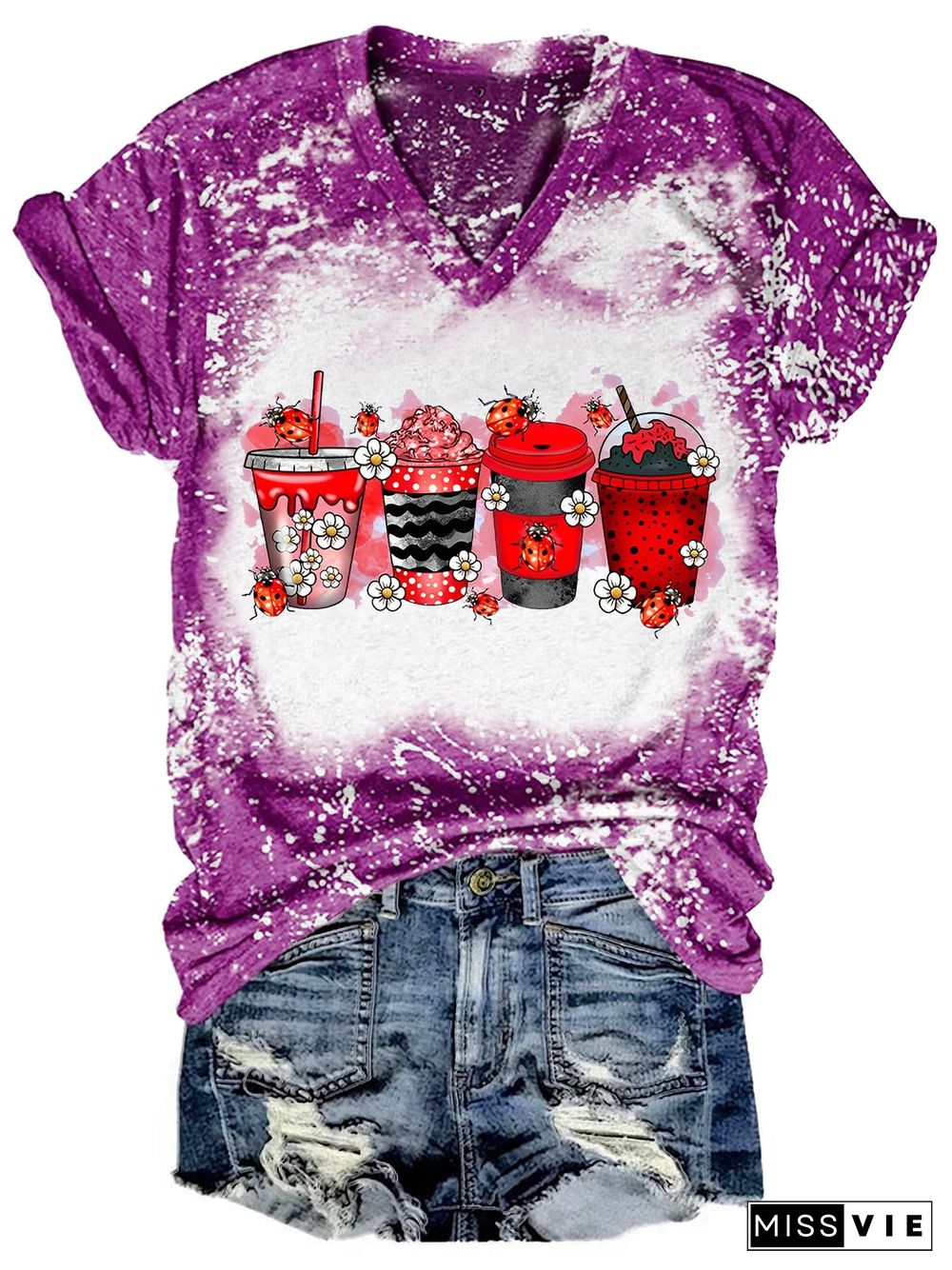 LadyBug Coffee Drink Bleaching V Neck T-shirt