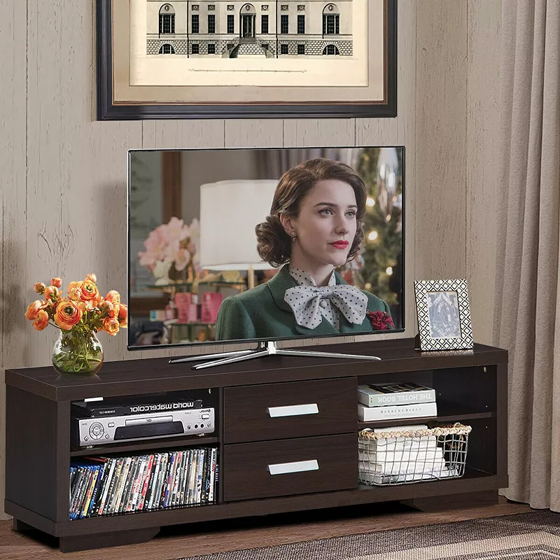 Modern Tv Stand Entertainment Center With 2 Drawers And 4 Open Shelves