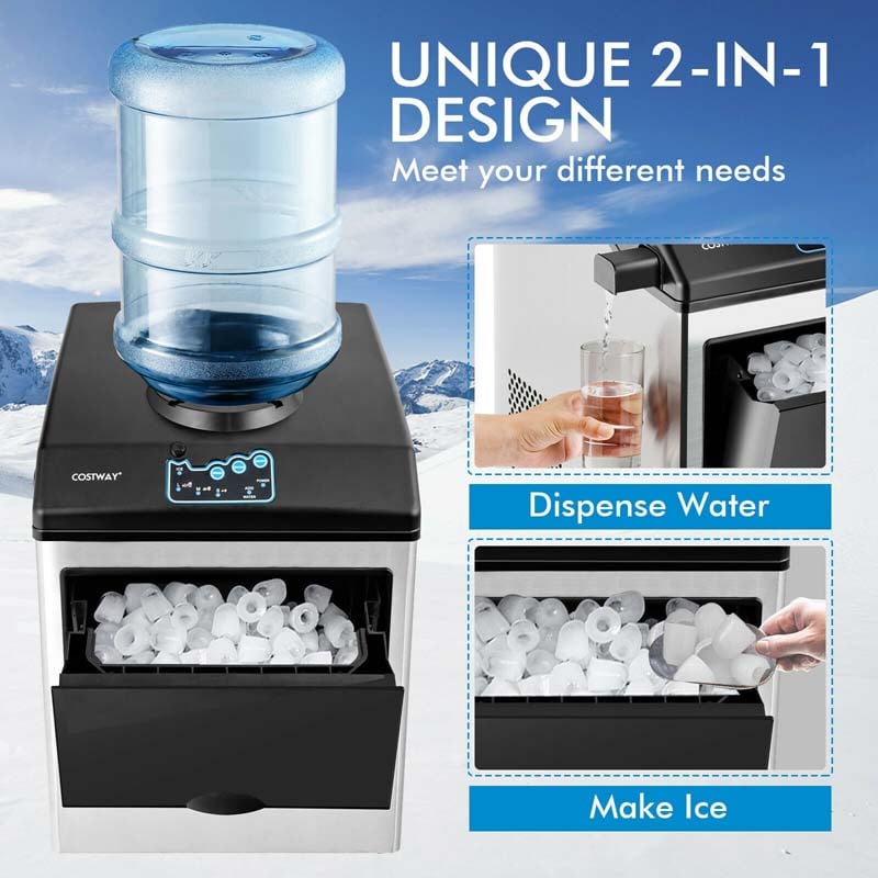 48LBS/24H 2-in-1 Stainless Steel Countertop Ice Maker Machine with Chilled Water Dispenser & 5LBS Ice Storage Basket