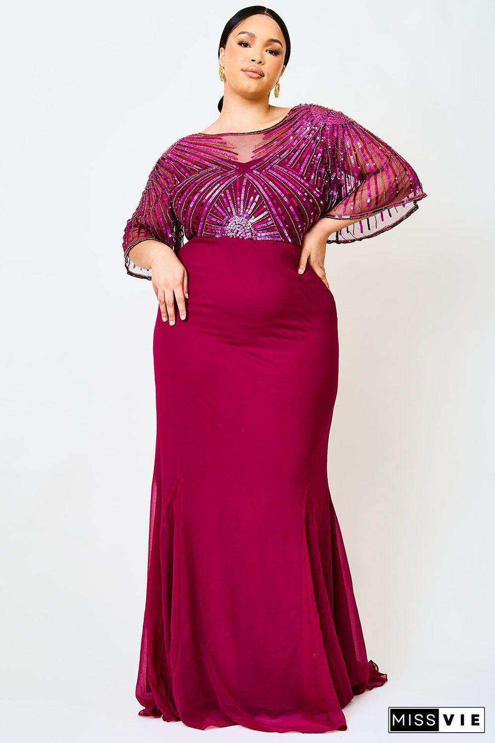 Red Sequin Mesh Open Back Plus Size Maxi Dress