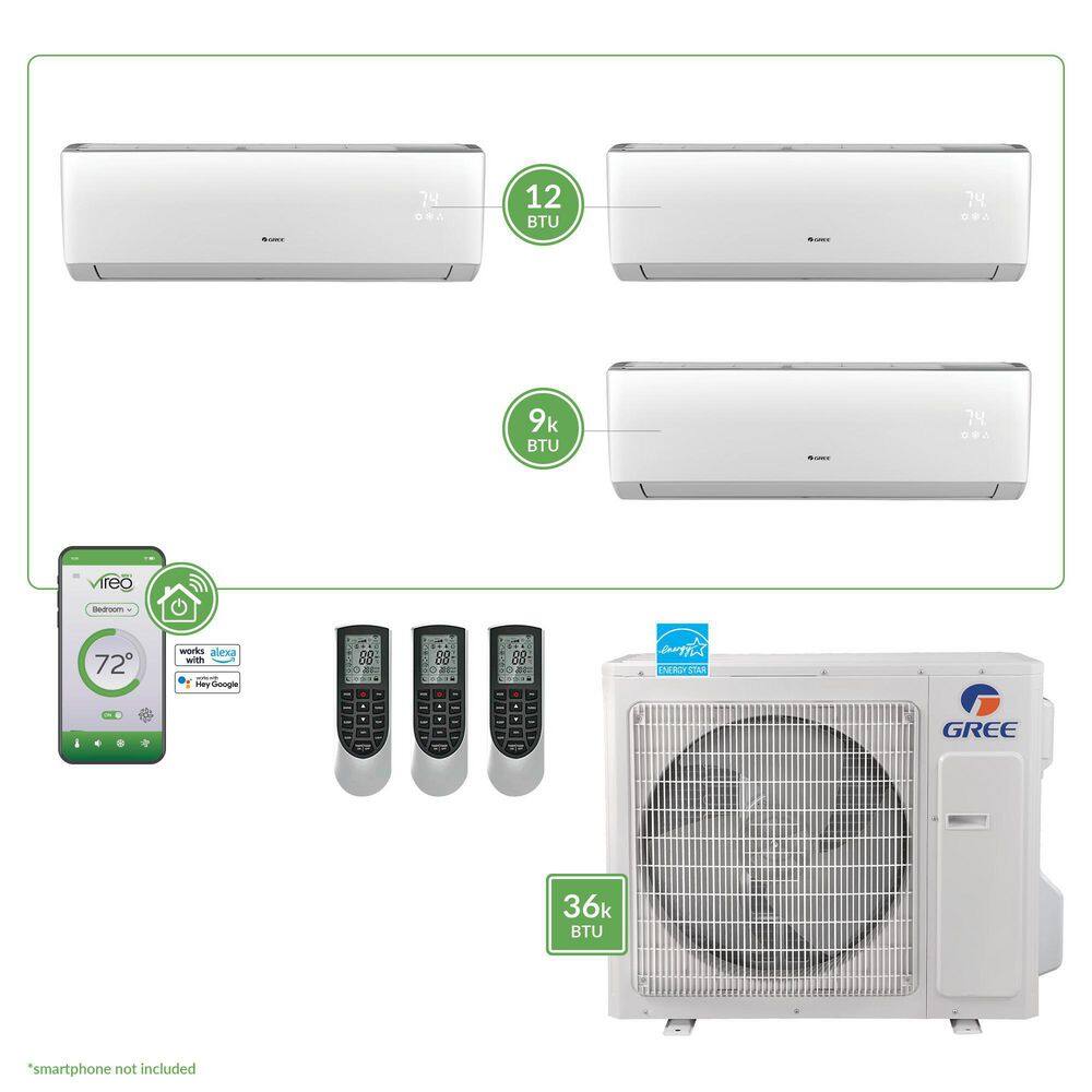 GREE Gen3 Smart Home Triple-Zone 34000 BTU 3 Ton Ductless Mini Split Air Conditioner with Heat Inverter Remote - 230-Volt MULTI36VIR303HP