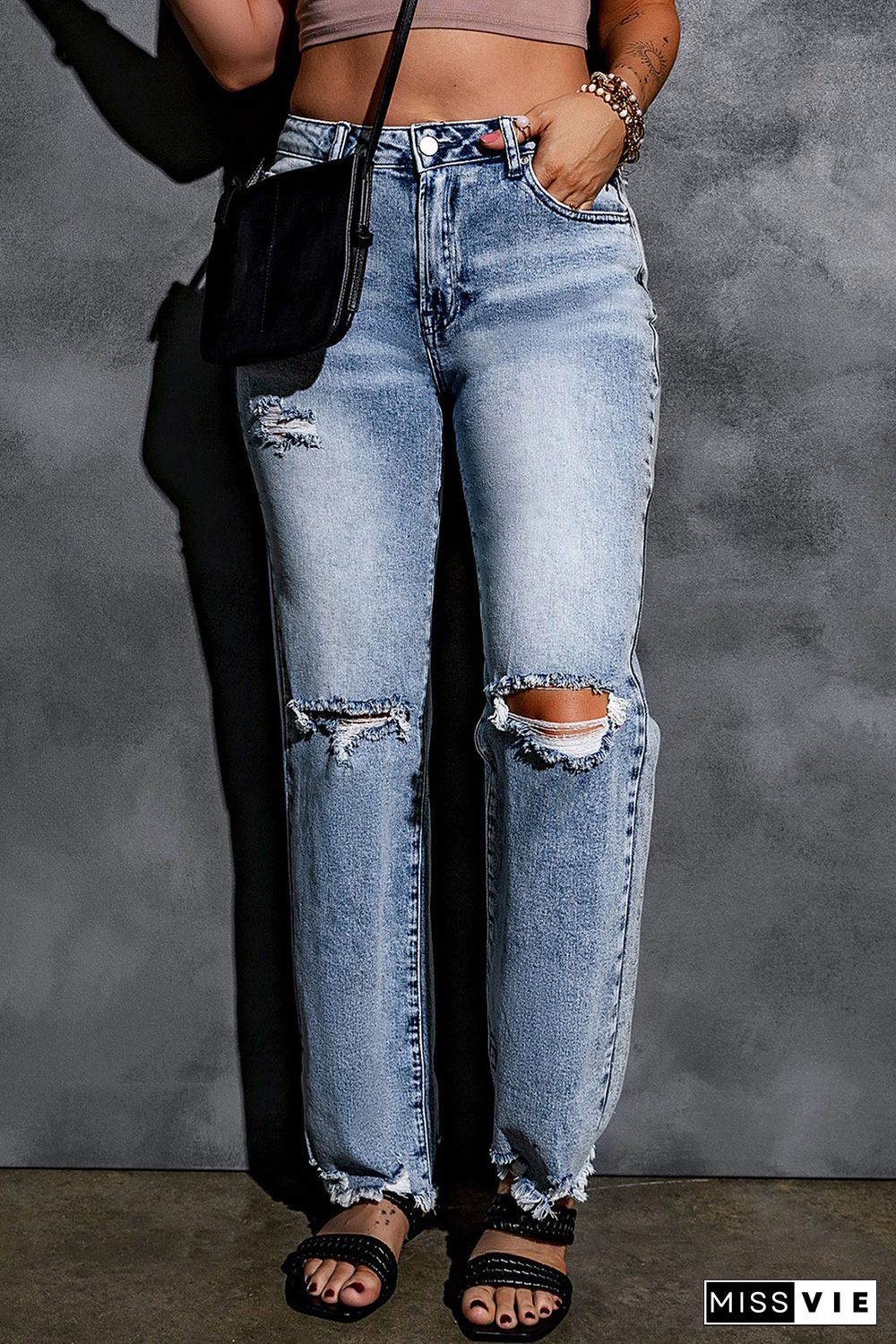 Sky Blue Washed Ripped Wide Leg High Waist Jeans