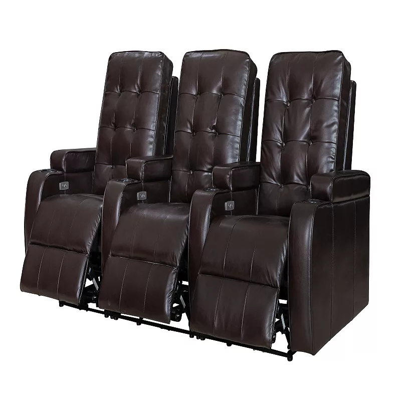 FC Design Faux Air Leather Cinema Home Theater Seating 3-Seat Power Sofa Recliner with Cup Holders and USB Port