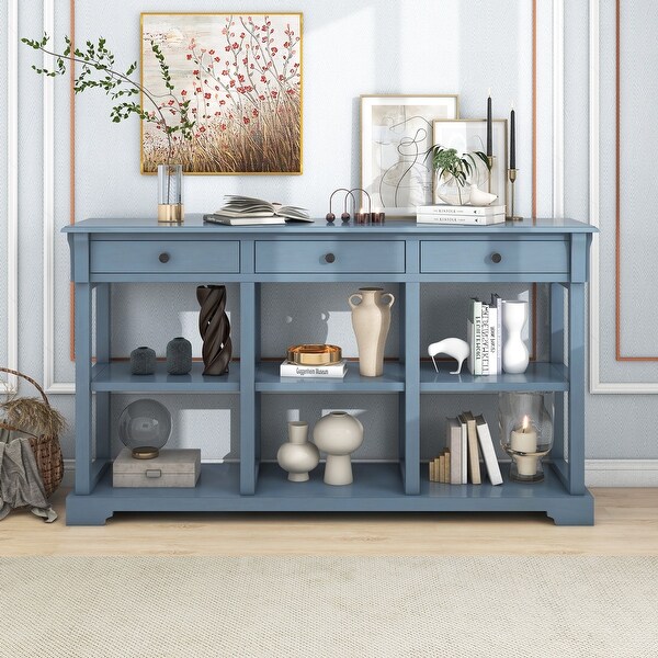 Console Table with Ample Storage， Open Shelves and Drawers