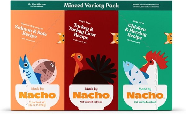 Made by Nacho Chicken， Herring， Salmon and Turkey Variety Pack Minced Wet Cat Food， 5.5-oz can， case of 12