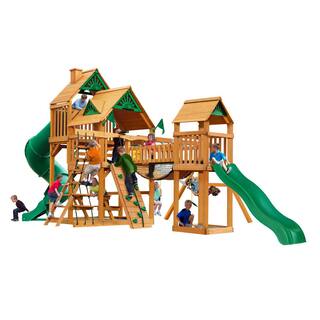 Gorilla Playsets Treasure Trove I Wooden Outdoor Playset with 2 Slides Clatter Bridge Rock Wall and Backyard Swing Set Accessories 01-1021-AP