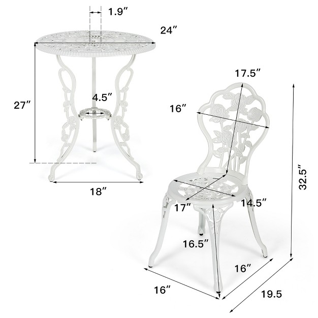 Costway 3pcs Cast Aluminum Patio Bistro Furniture Set Rose Design Outdoor White