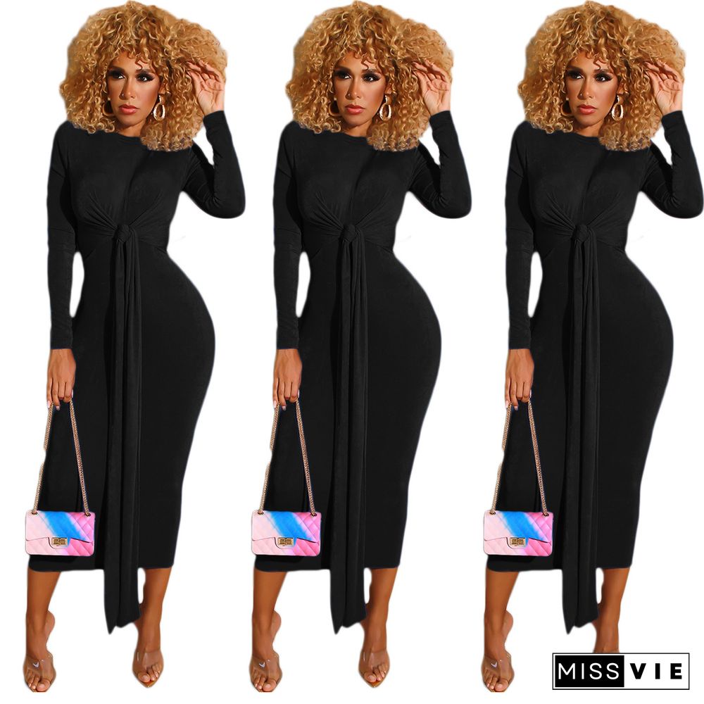 Women Solid Color Long Sleeves Skinny Maxi Dress with Belt