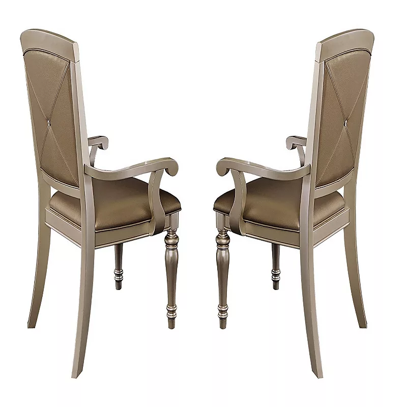 Wood and leather Dining Side Arm Chair With Crystal Tufting， Silver， Set Of 2