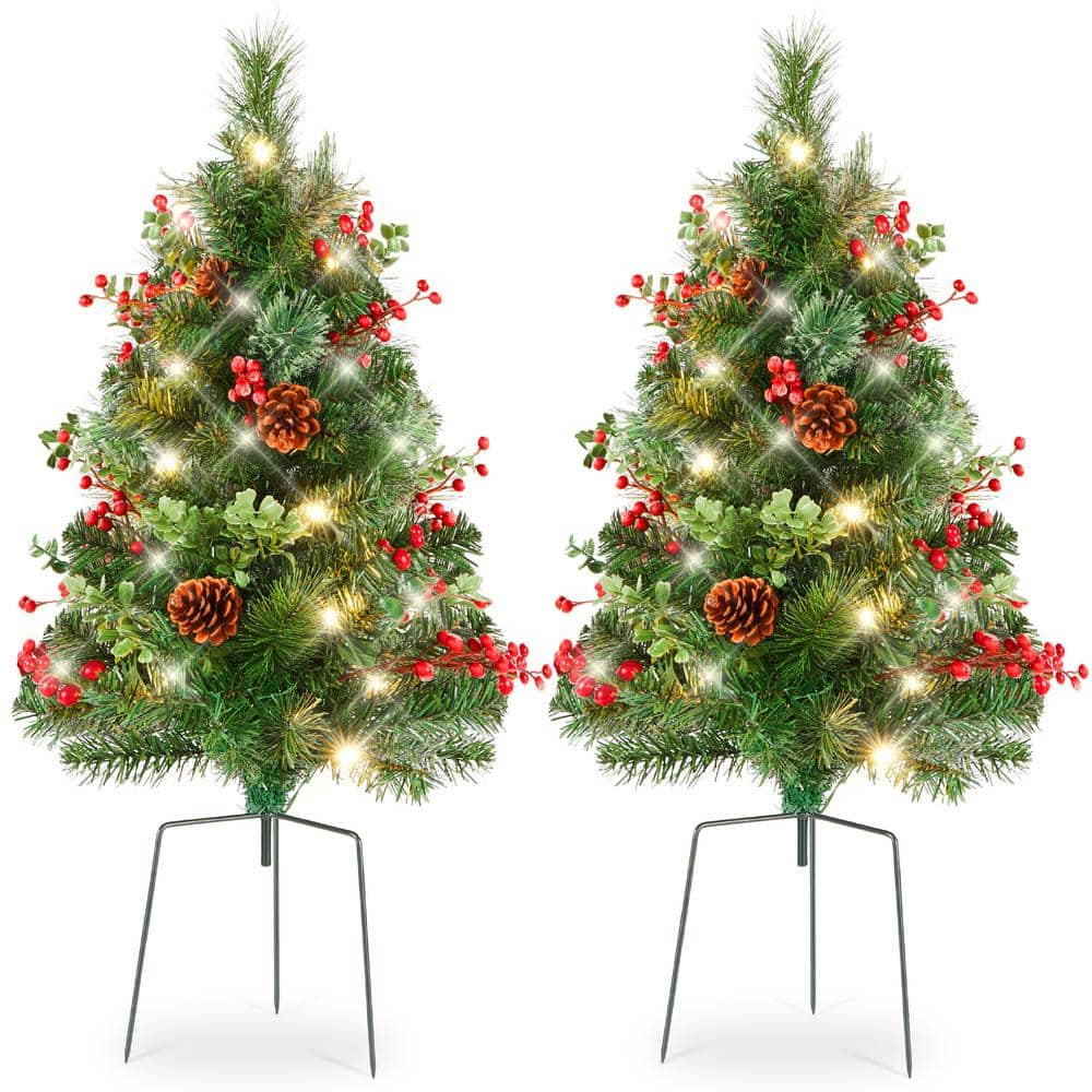 30 in. LED Christmas Tree Path Lights with Berries Pine Cones and Ornaments (Set of 2)