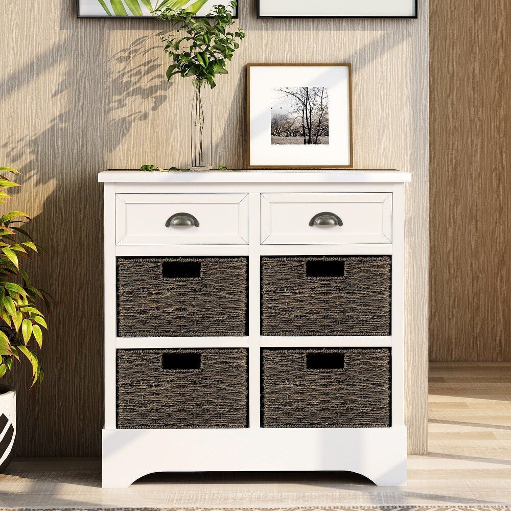 Rustic Storage Cabinet with Two Drawers and Four Classic Rattan Basket   N/A