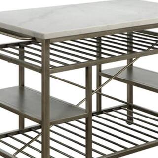 Benjara 36 in. H Gray and White Marble Top Metal Kitchen Island with 2-Slated Shelves BM214991