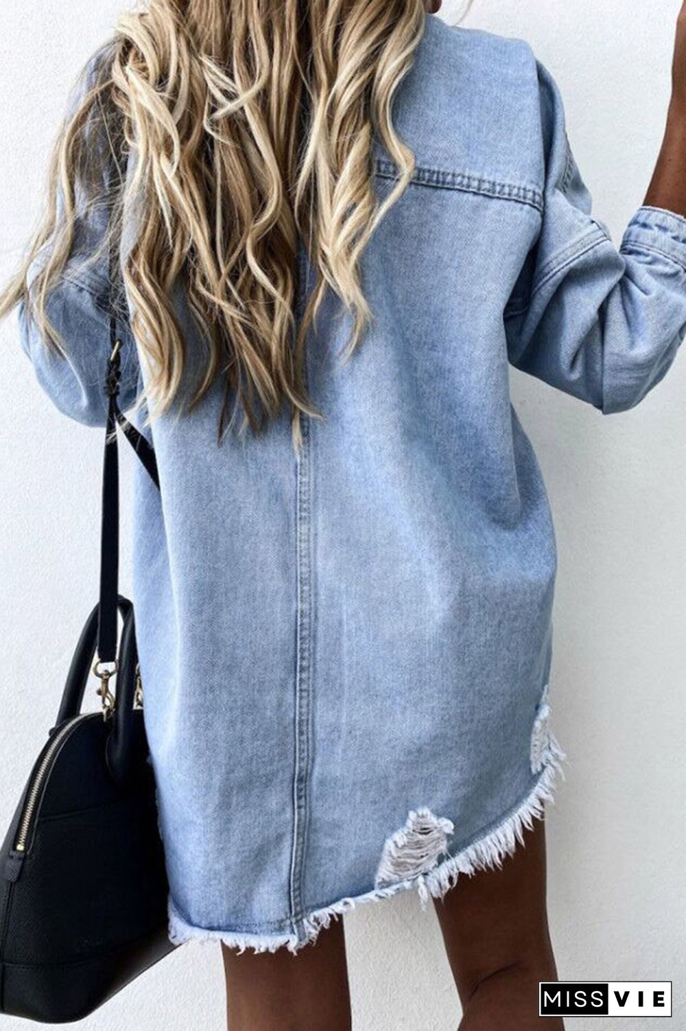 Raw Hem Ripped Denim Jacket Shacket Wholesale