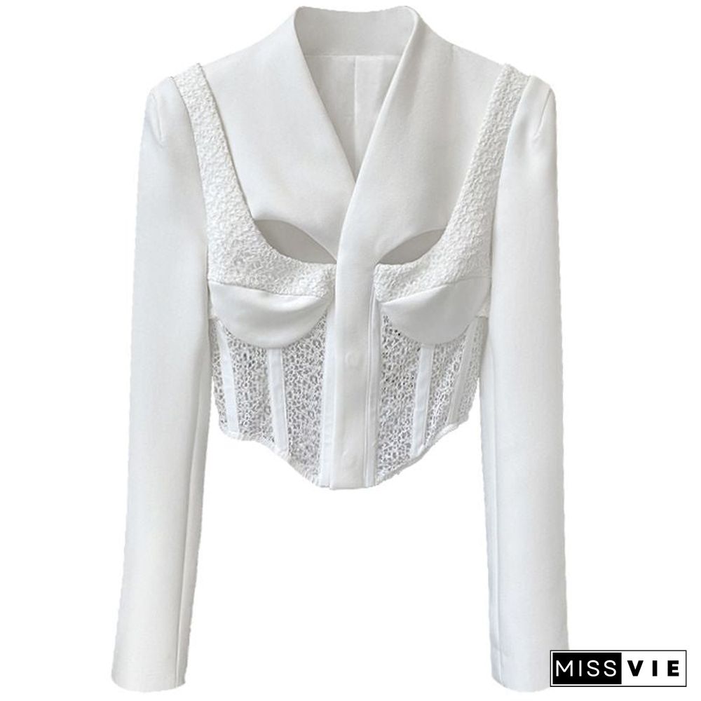 Slim Fit Tailored Blocked Mesh Lace Cropped Corset jacket