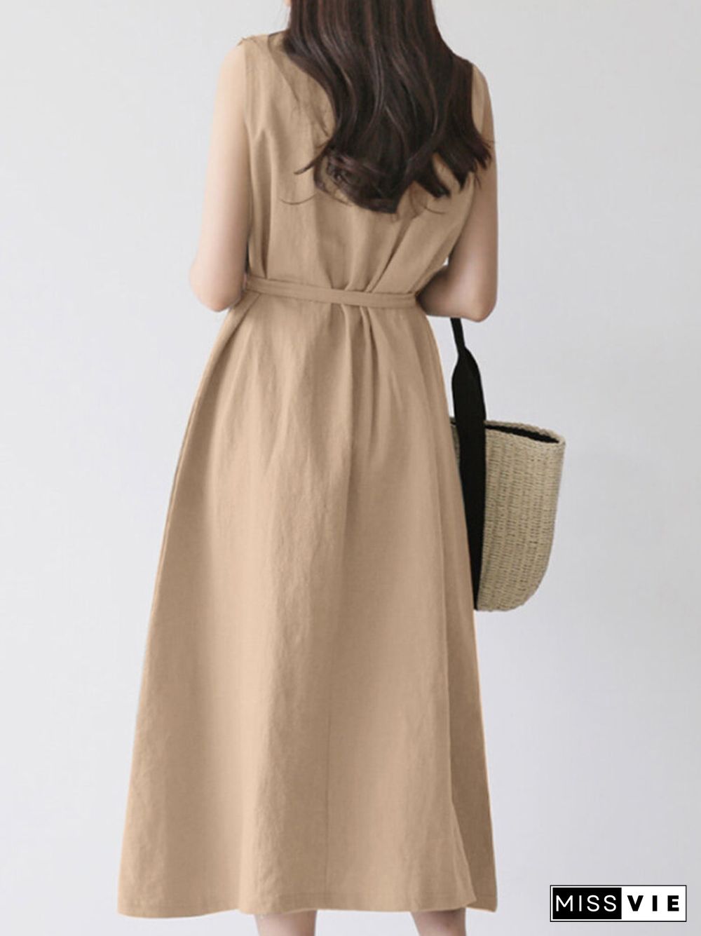 Solid A-line Sleeveless Crew Neck Midi Dress With Belt