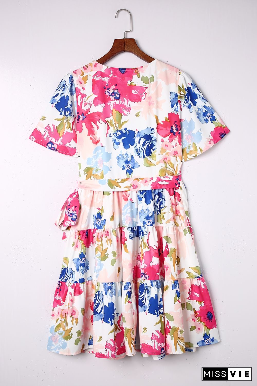 Multicolor Sweet Floral Wrap V Neck Skater Dress