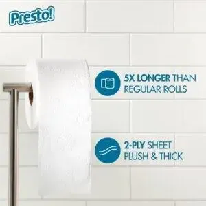 Amazon Brand – Presto! 308-Sheet Mega Roll 2-Ply Toilet Paper, Ultra-Strong, 24 Rolls (4 Packs of 6), Equivalent to 96 Regular Rolls, White