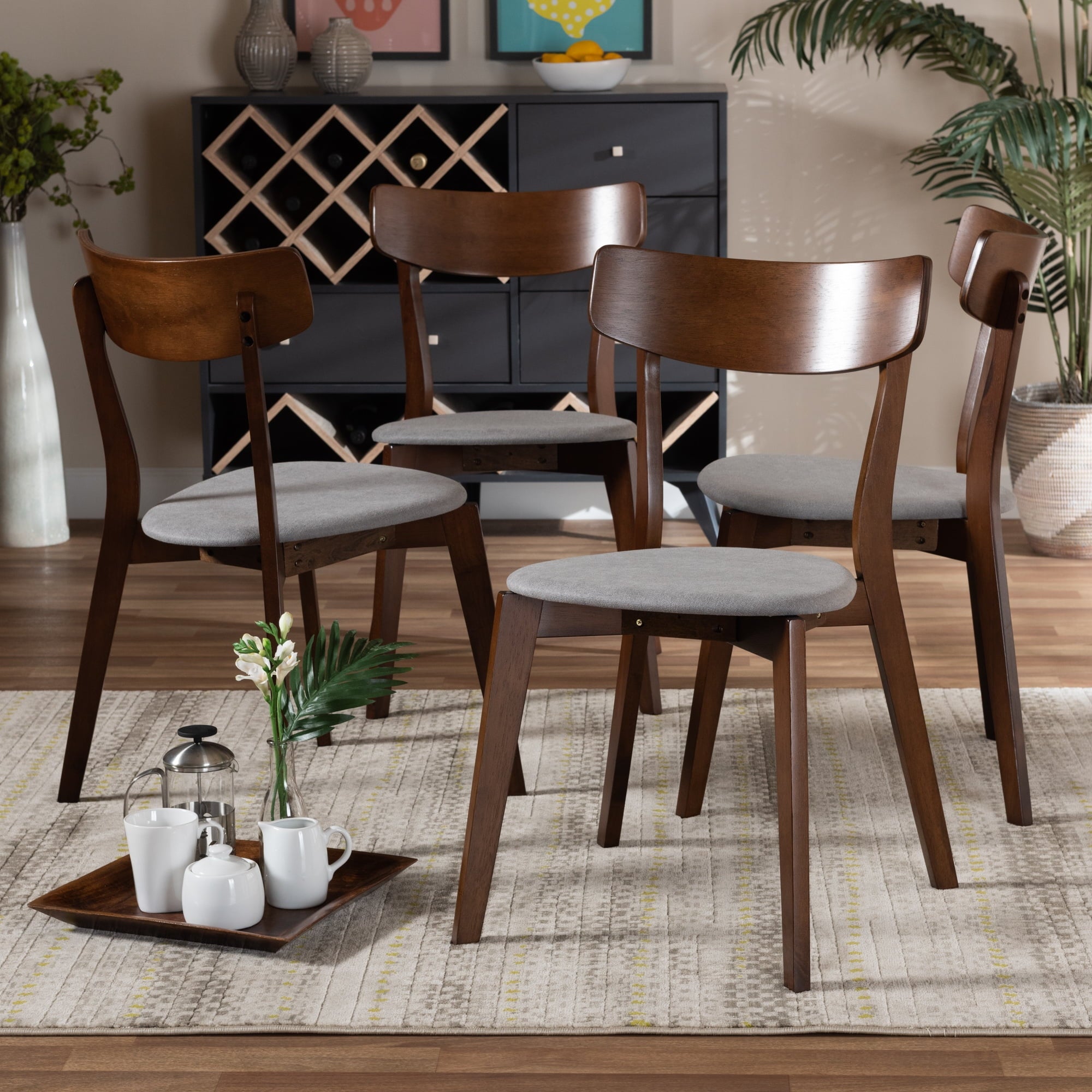 Mid-Century Modern Transitional Light Grey Fabric Upholstered and Walnut Brown Finished Wood 4-Piece Dining Chair Set