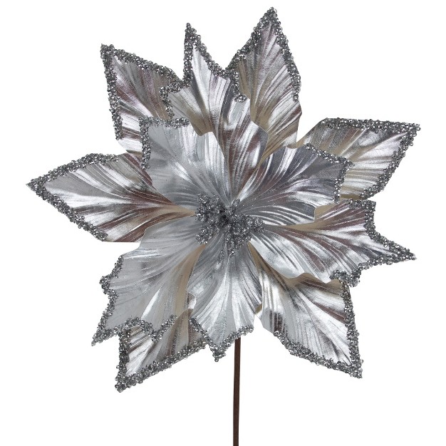 Metallic Silver Poinsettia Christmas Stem Spray