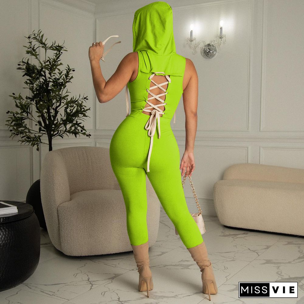 Fashion Strappy V-neck Hooded Jumpsuit