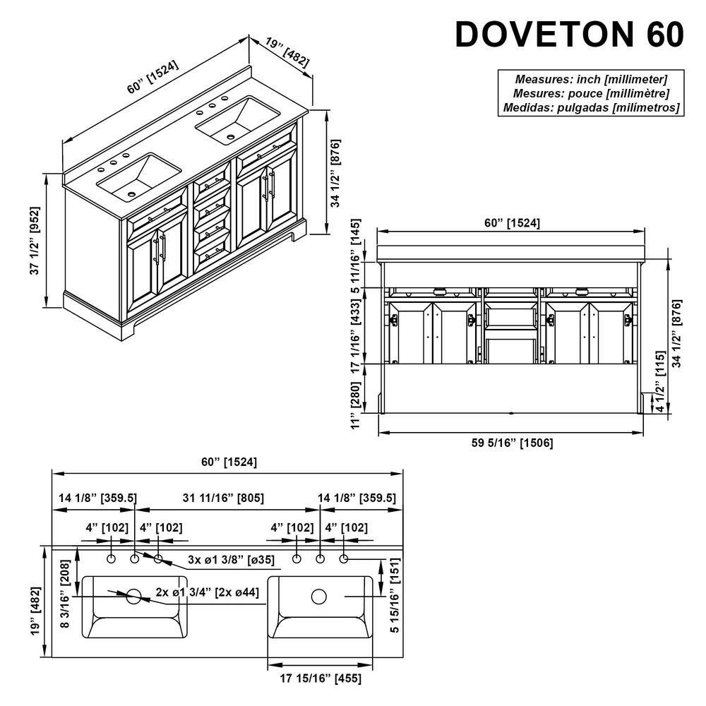 Home Decorators Collection Doveton 60 in. W x 19 in. D x 34.50 in. H Bath Vanity in Weathered Tan with White Cultured Marble Top Doveton 60WT