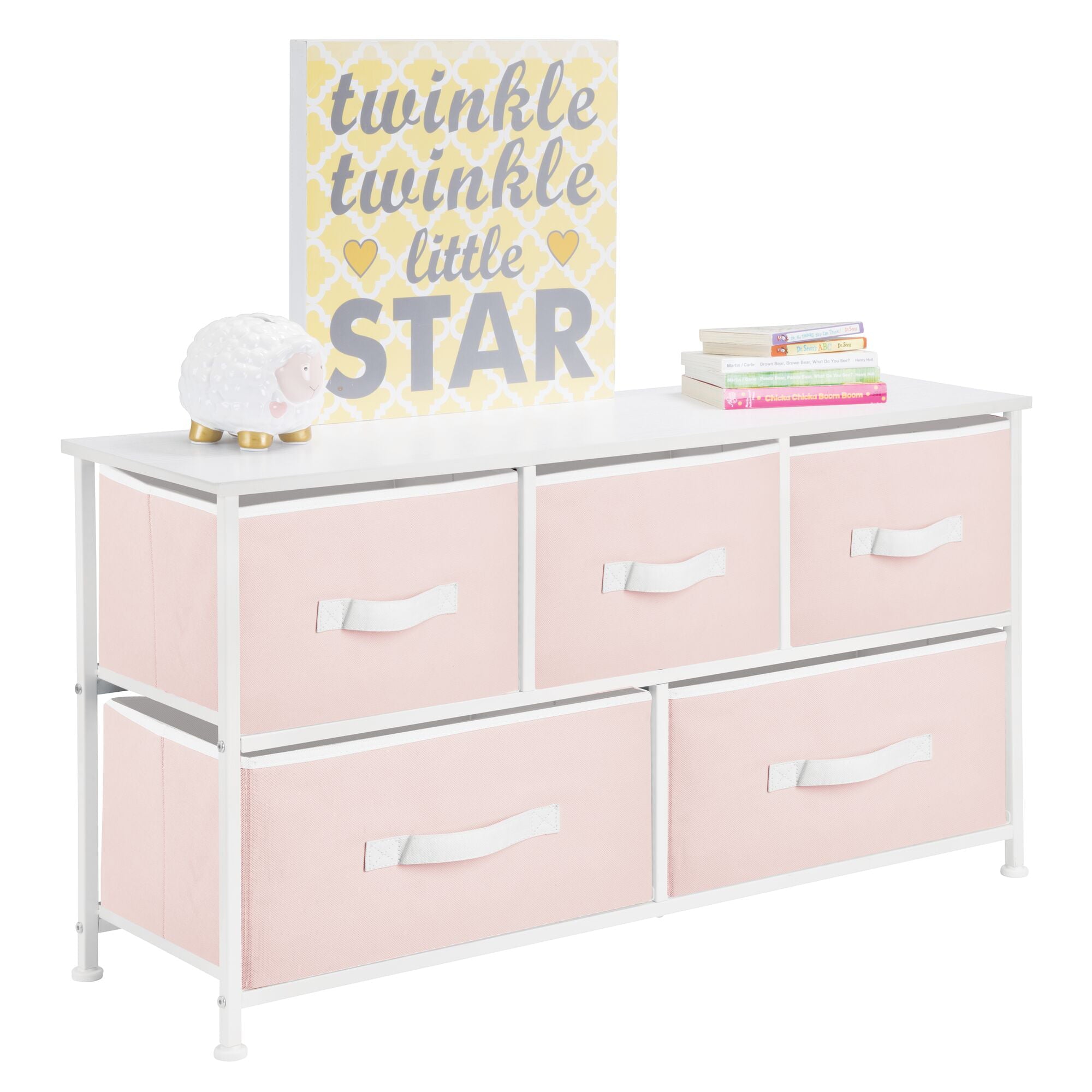 mDesign Wide Steel Frame/Wood Top Storage Dresser Furniture with 5 Fabric Drawers, Large Bureau Organizer for Baby, Kid, and Teen Bedroom, Nursery, Playroom, Dorm - Jane Collection, Pink/White