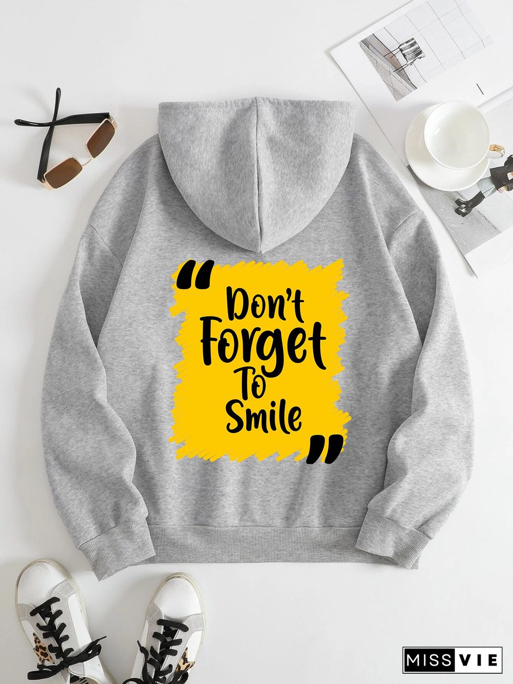 Printed on the Back Kangaroo Pocket Hoodie Long Sleeve for Women Pattern Don't Forget to Smile