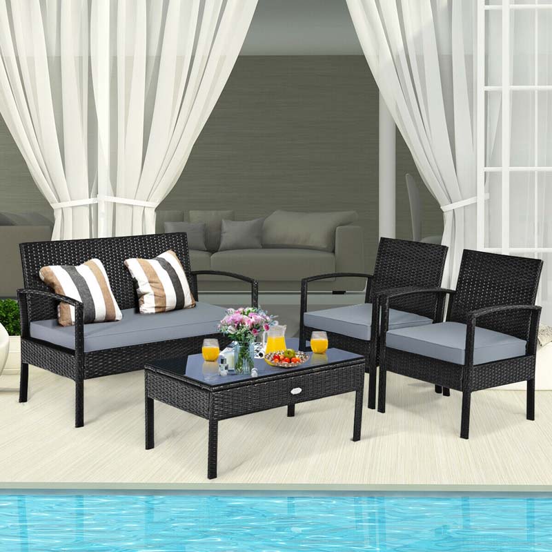 4 Pcs Wicker Patio Conversation Furniture Set Outdoor Rattan Sofa Set with Coffee Table & Washable Cushions