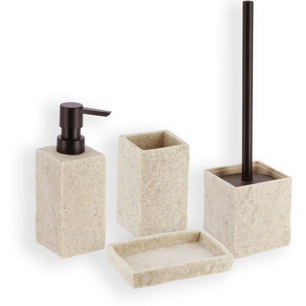 Stone 4-Pieces Bath Accessory Set with Soap Pump Tumbler Soap Dish and Toilet Brush Holder in Polyresin Natural SET4STONE104