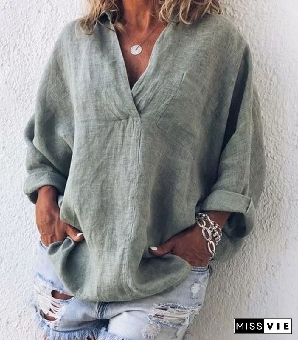 Women Fashion Loose Casual Pure Color Long Sleeved Shirts Plus Size Cotton Spring Blouses