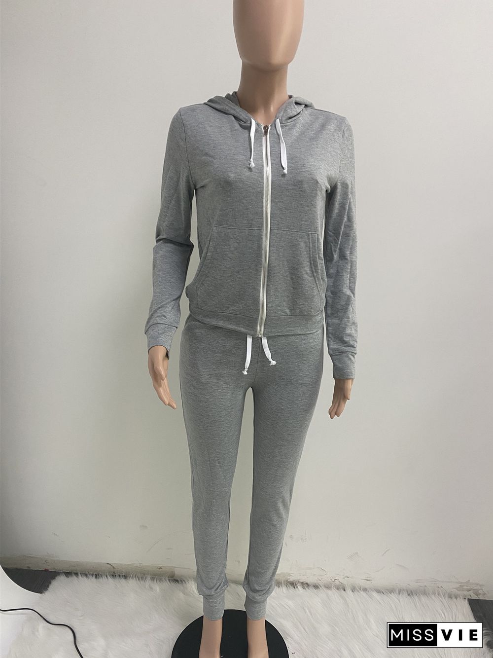 Solid Hooded Zip Sweatshirt Top Drawstring Pants Set