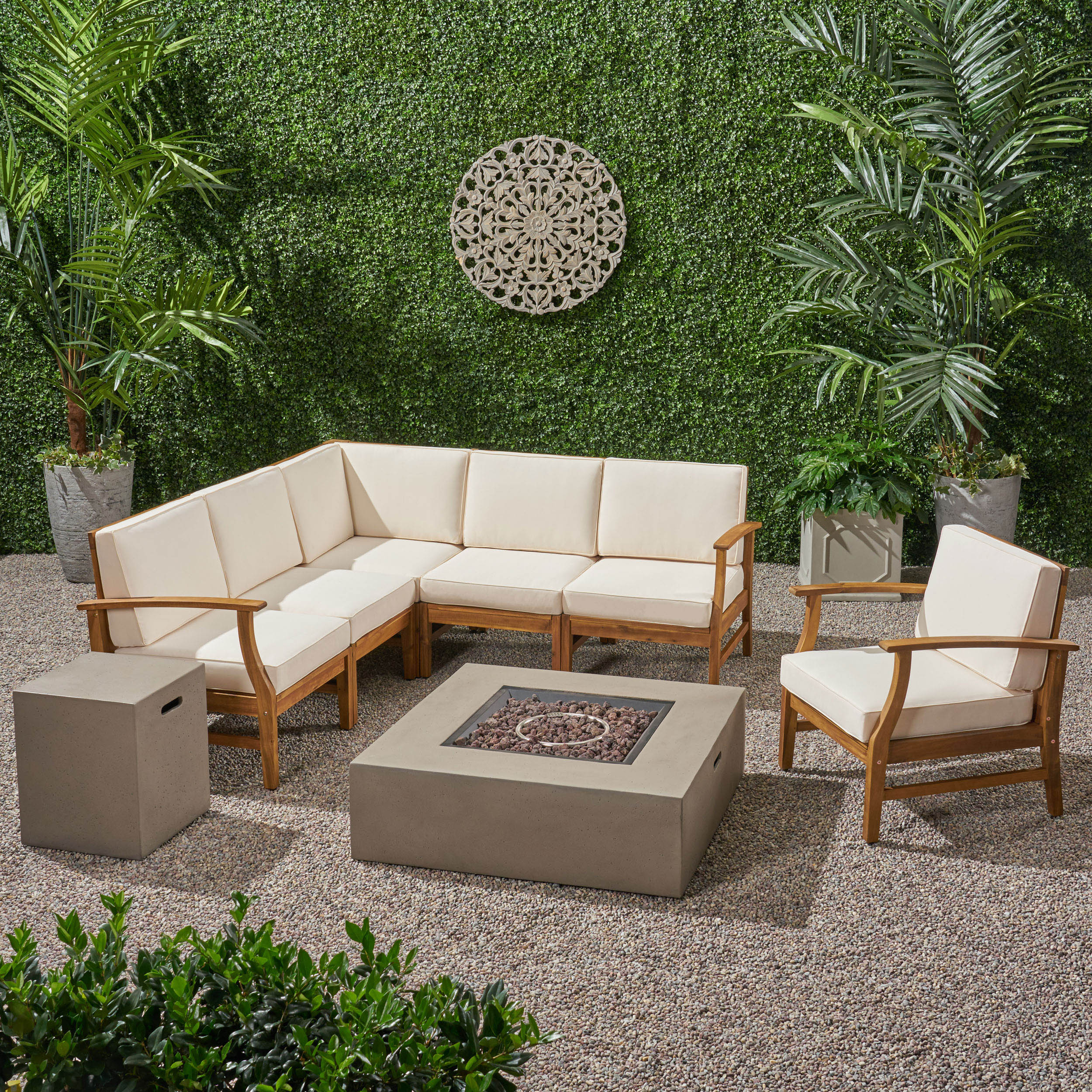 Nyeemah Outdoor 6 Seater Acacia Wood Sofa Set with Square Fire Table and Tank