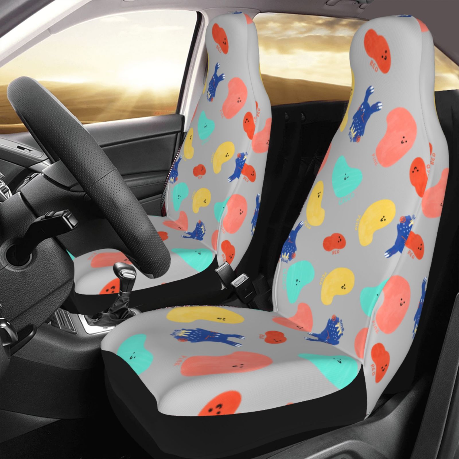 TEQUAN Front Seat Covers， Cartoon Graffiti Hand Painting Rabbit Pattern 2 Piece Car Seat Cover Fit Most Car SUV Truck Van