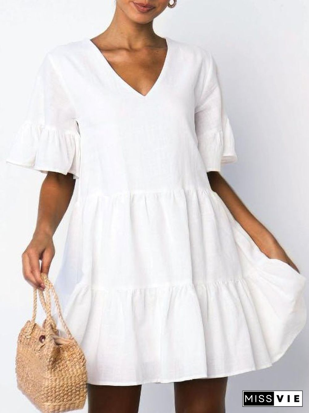 Women'S Dresses V-Neck Short Sleeve Ruffle Dress