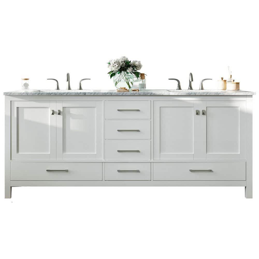 Eviva Aberdeen 84 in W x 22 in D x 34 in H Double Bath Vanity in White with White Carrara Marble Top with White Sink