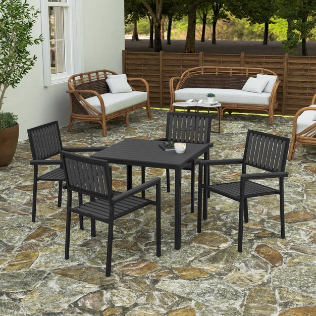 Merrick Lane 5 Piece Indoor outdoor Dining Set With Table And Four Chairs With Black Poly Resin Slats